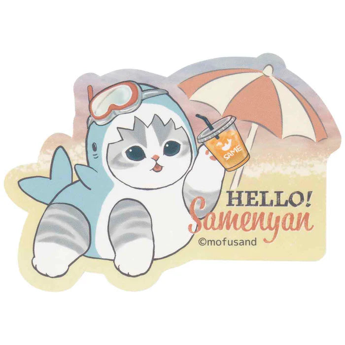 Mofusand "HELLO" Shark Cat Sticker - Beach